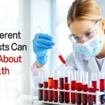 A female scientist wearing a lab coat, mask, and goggles uses a pipette to handle blood samples in test tubes. Text reads: What Different Types of Blood Tests Can Tell You About Your Health.